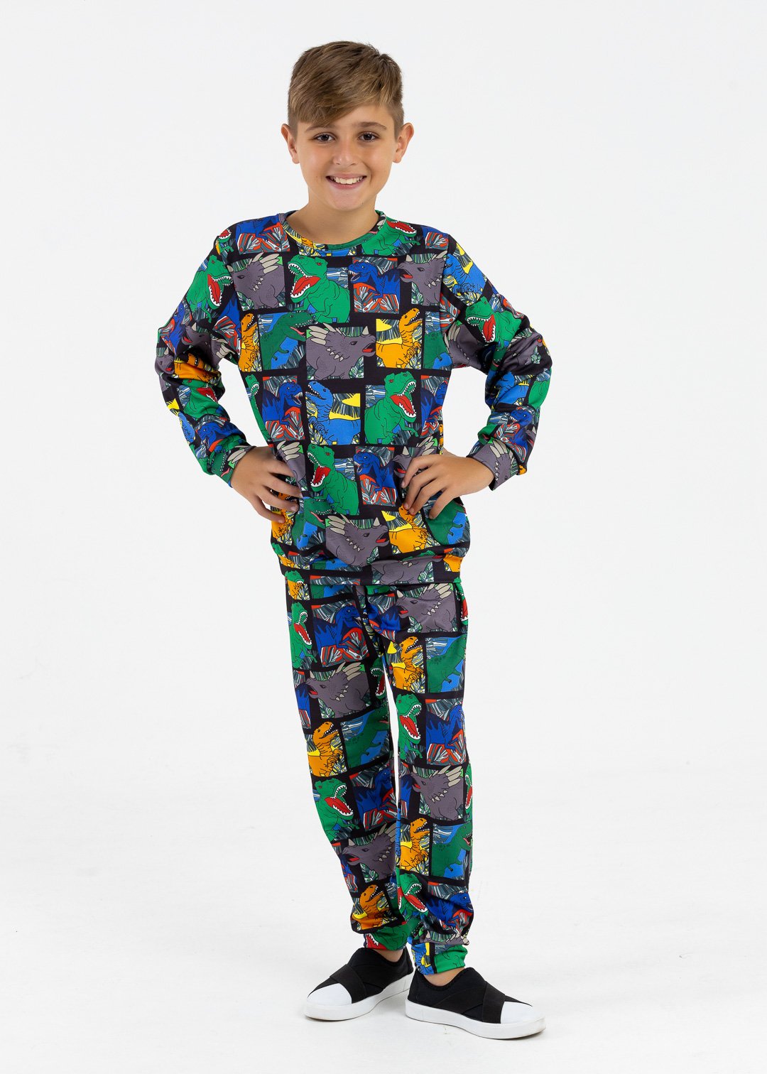 comprar moda infantil direto de fabrica online brilha kids dinossauro quadrinhos calca e casaco