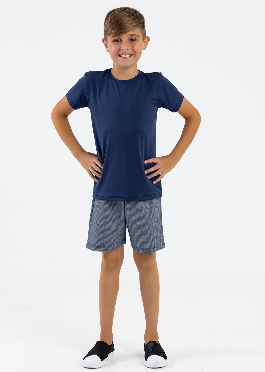 comprar moda infantil direto de fabrica online brilha kids camiseta meia malha azul marinho e bermuda azul jeans 2