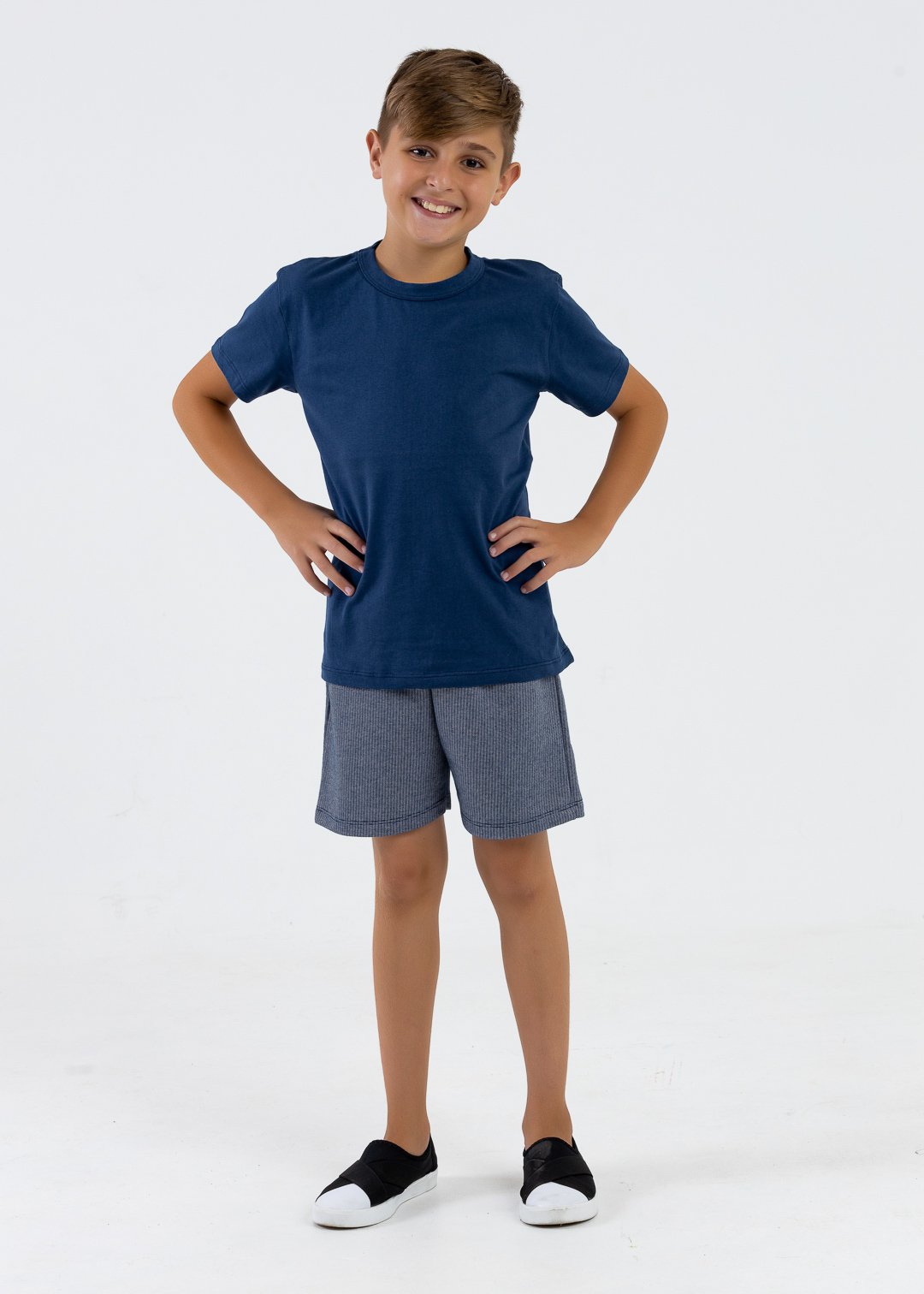 comprar moda infantil direto de fabrica online brilha kids camiseta meia malha azul marinho e bermuda azul jeans