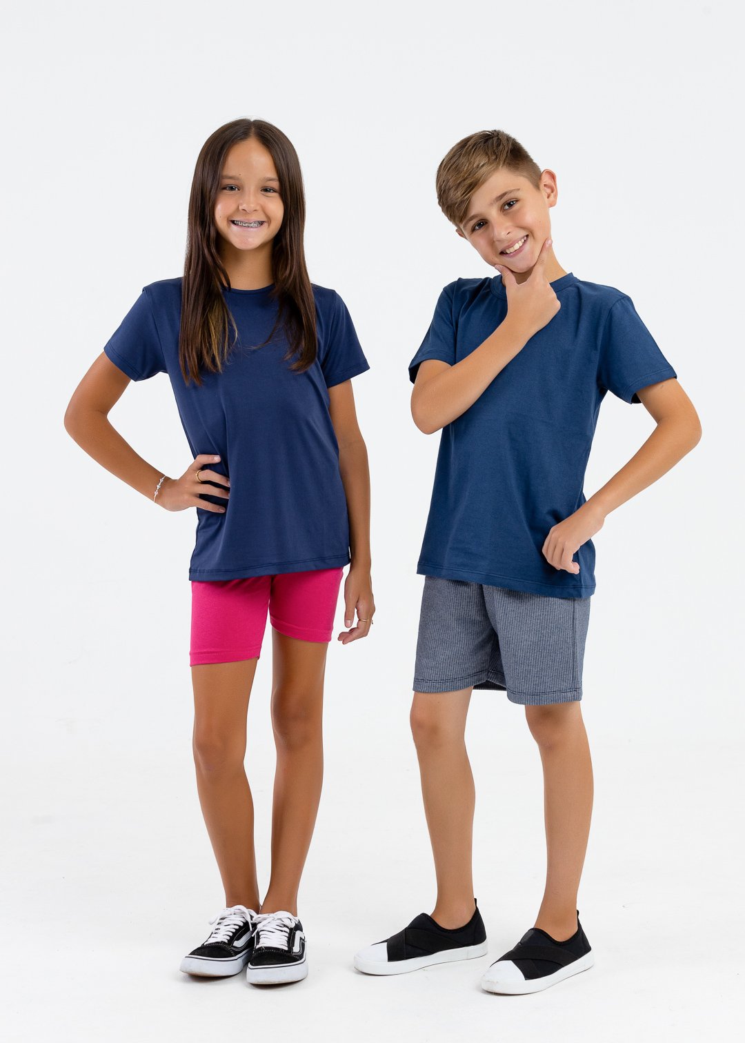 comprar moda infantil direto de fabrica online brilha kids camiseta meia malha azul marinho uv e bermuda azul jeans legging rosa pink 2