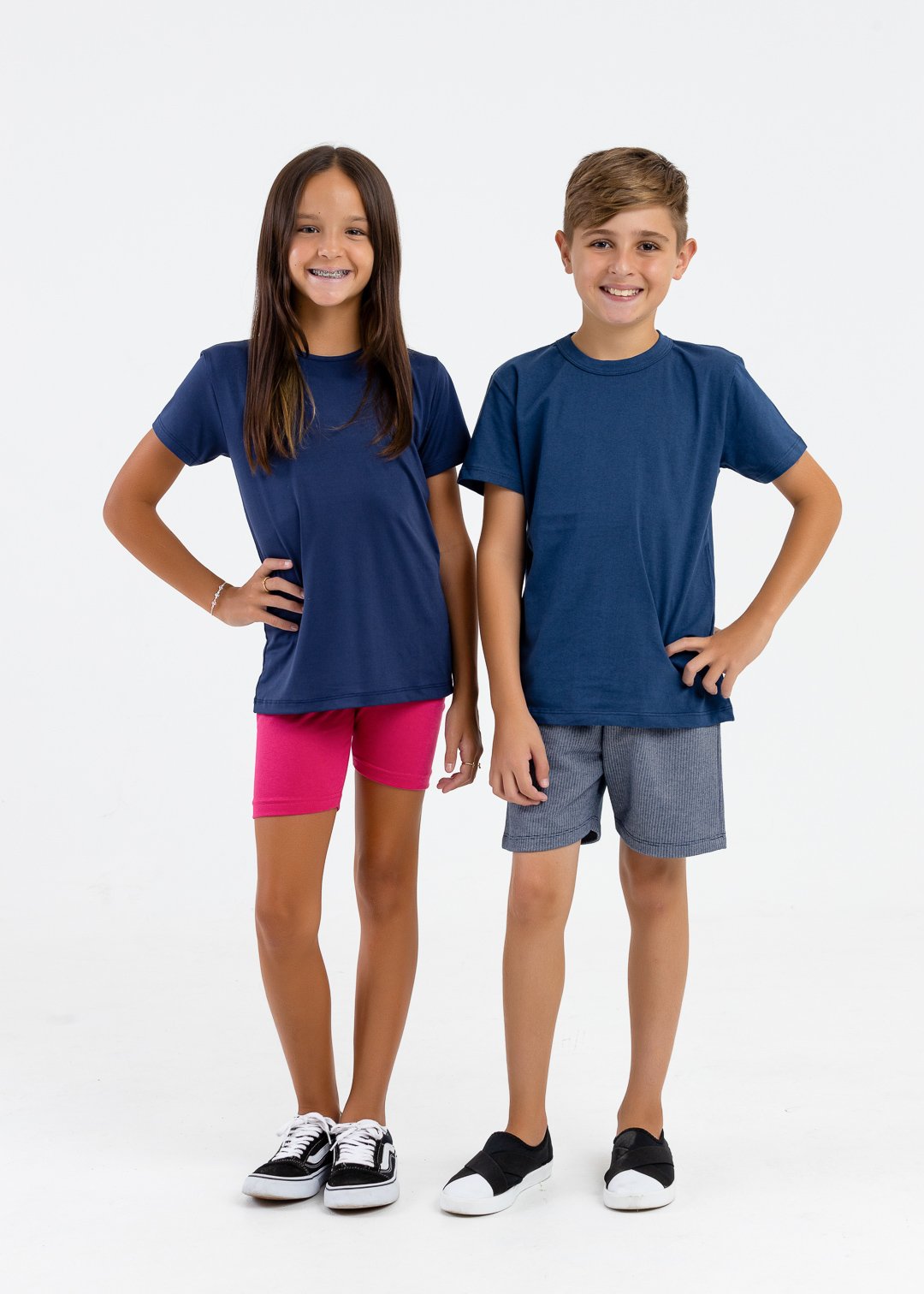 comprar moda infantil direto de fabrica online brilha kids camiseta meia malha azul uv marinho e bermuda azul jeans legging rosa pink