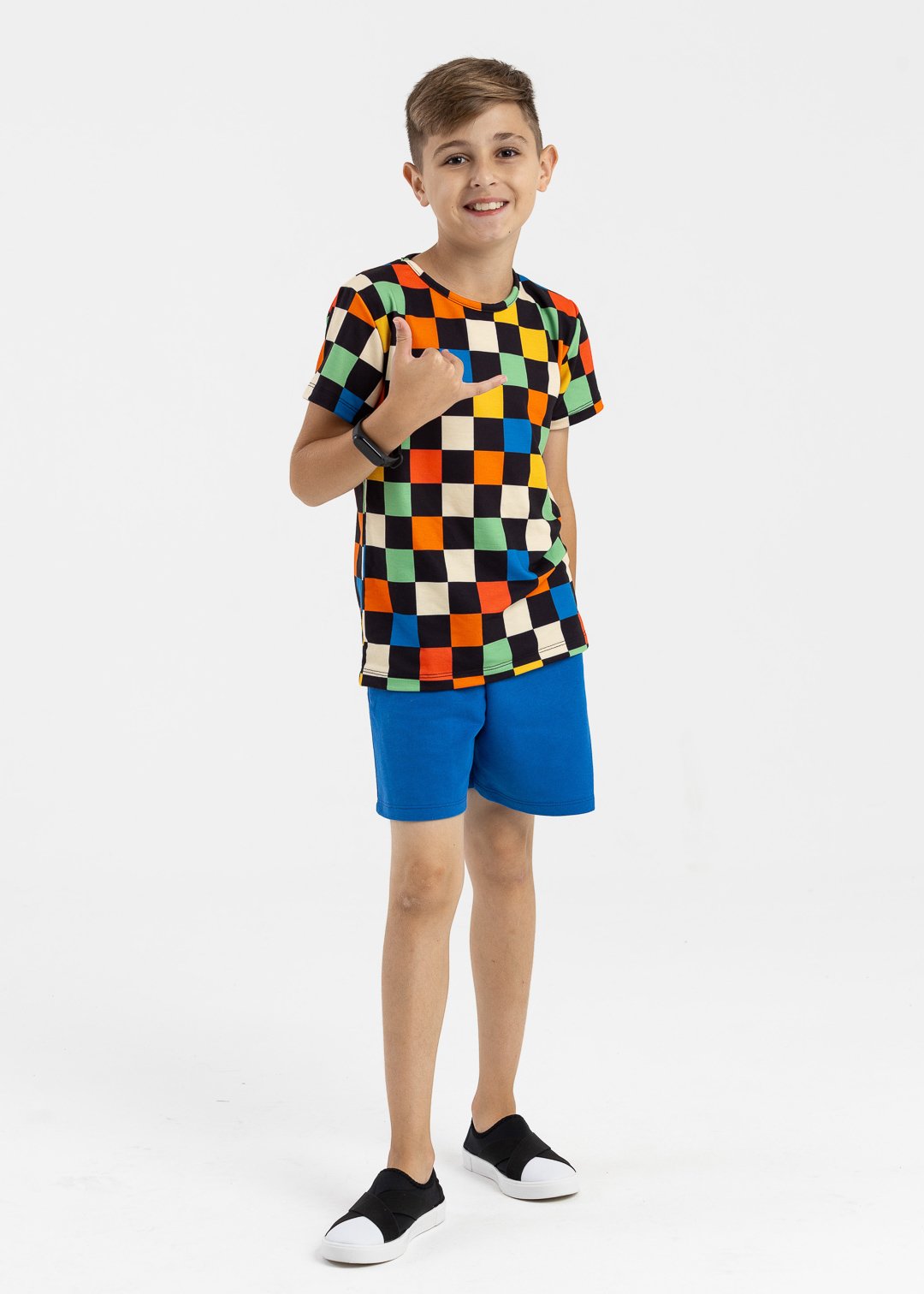 loja online brilha kids moda infantil camiseta xadrez bermuda azul royal